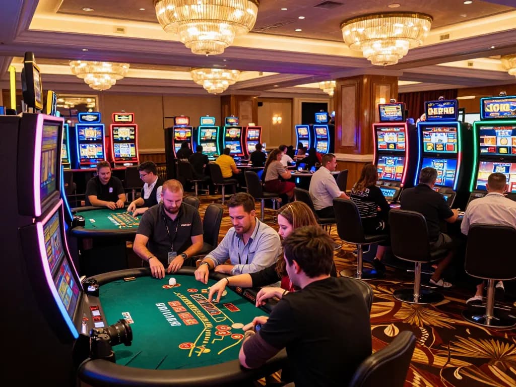 Players engaging in exciting slot machine games at okwin's luxurious casino, vibrant atmosphere