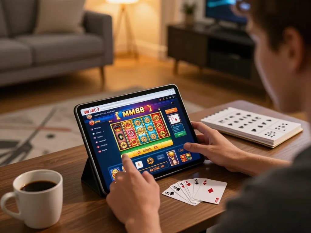 Engaging gameplay at Website MM88 on a tablet in a cozy home setting, showcasing vibrant casino action