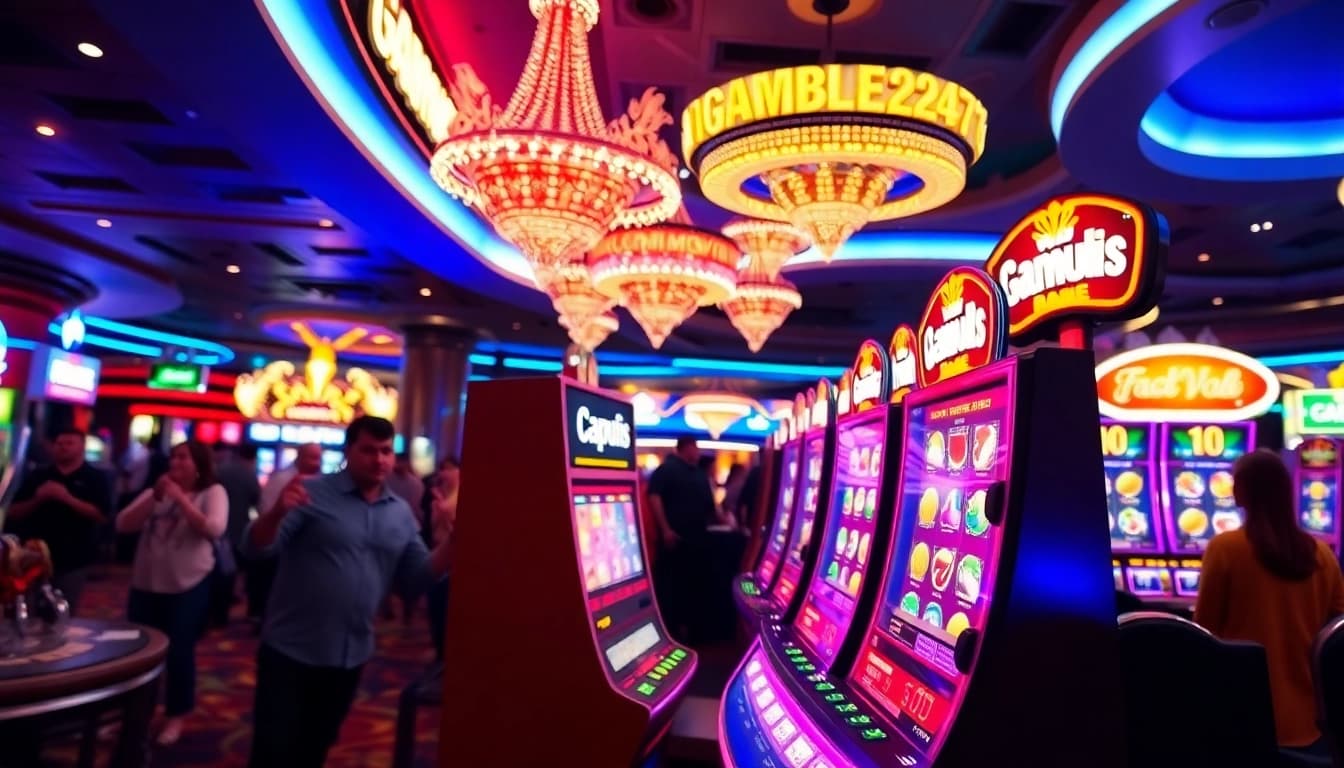 Mainkan igamble247 slot dengan mesin slot berwarna cerah di kasino yang ramai.