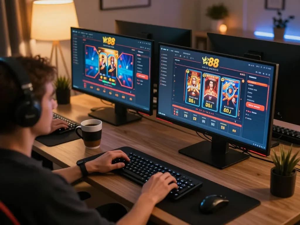Online player engaging in w 88 casino gambling setup on a modern desk with multiple screens and warm lighting