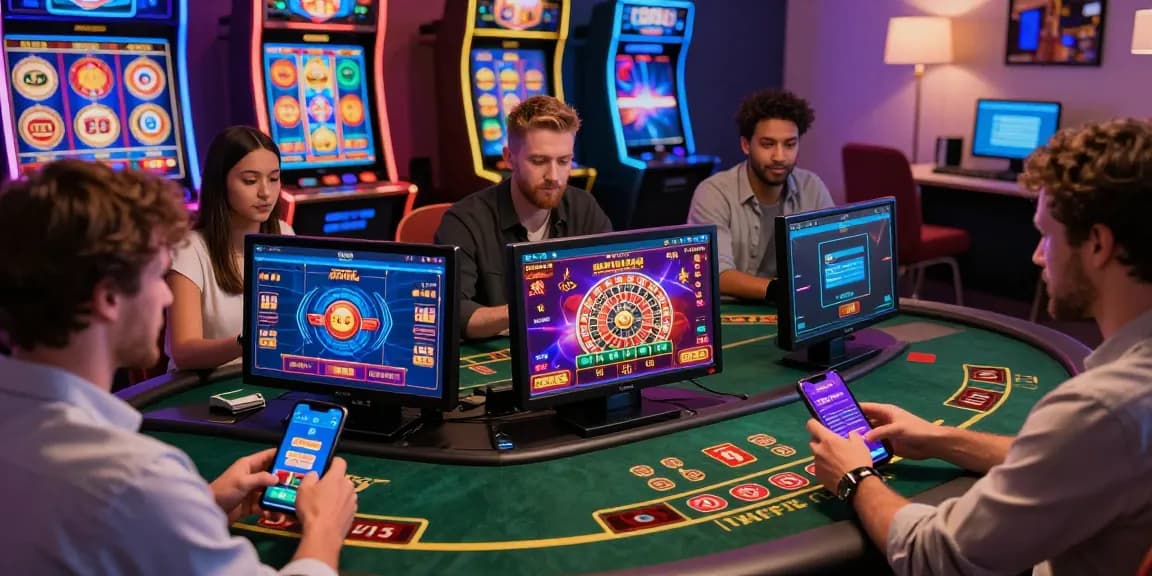 Players enjoying the best non uk casinos through mobile devices amidst vibrant casino graphics and engaging games.