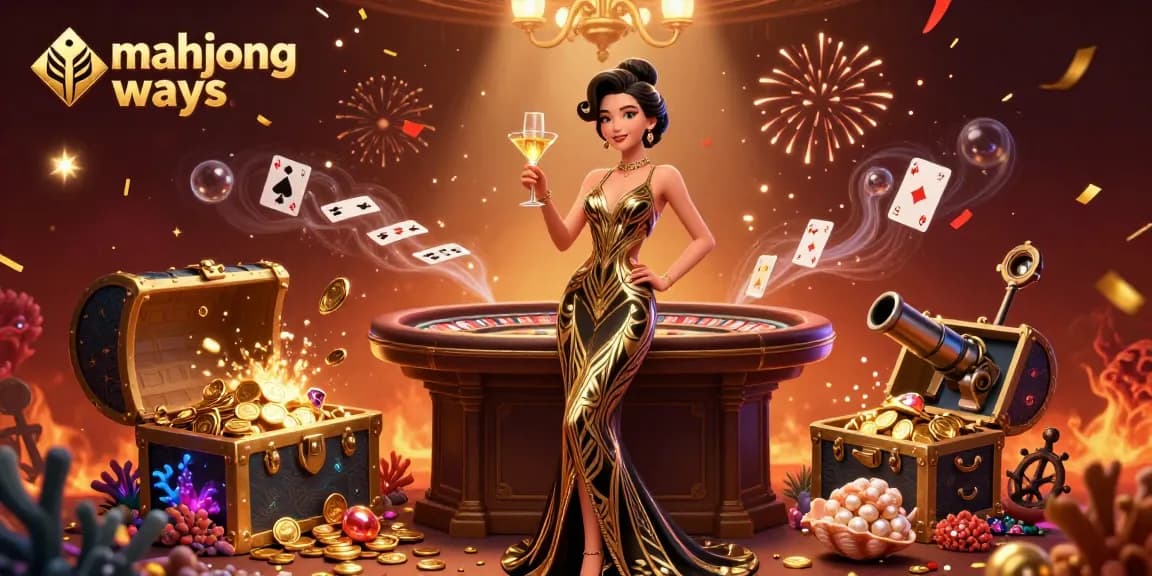 Engaging mahjong ways slot scene featuring a glamorous Asian woman at a roulette table with floating cards and treasure.