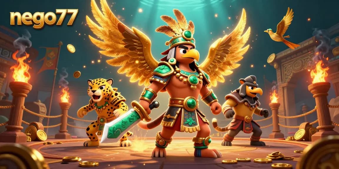 Nego77 players immerse in thrilling gameplay with colorful casino elements and exciting warriors.