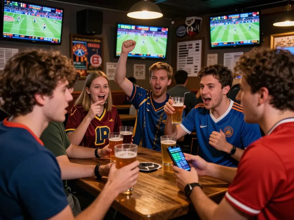 Friends enjoying a thrilling sports betting experience at a bar, engaging with 28 bet strategies.