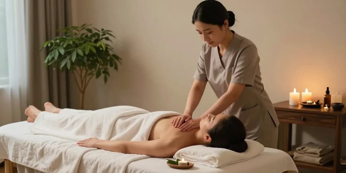 마사지 중인 전문가와 편안한 고객이 있는 스파 치료실