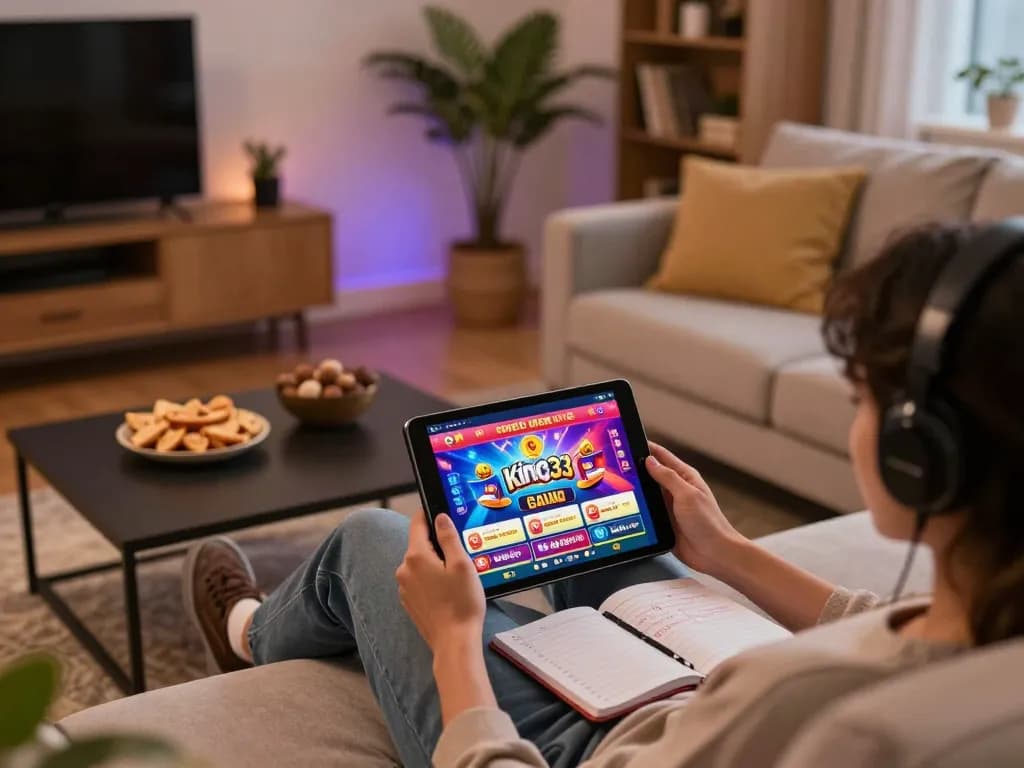 Engaged player enjoying the king33 casino app on a tablet in a cozy home gaming setup.