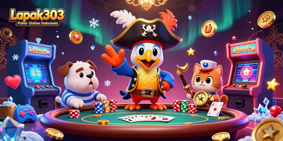 Experience the excitement of Lapak303 Poker Online Indonesia with dynamic characters and vibrant casino elements.
