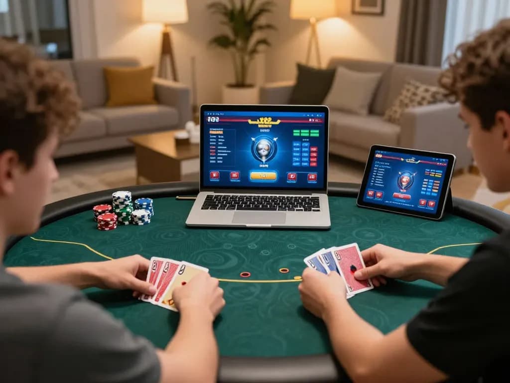 Players strategizing in an engaging xx88 online poker game with stylish setup and warm ambiance.
