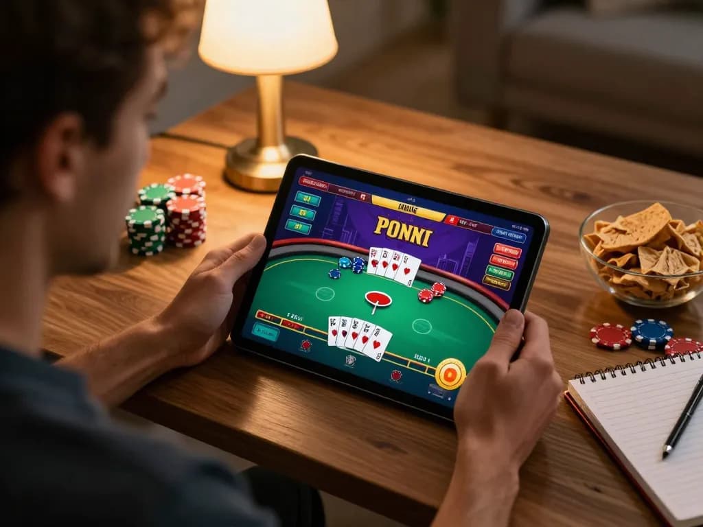 Engaging online poker game on tablet showcasing tr88 strategy in a cozy home setting.