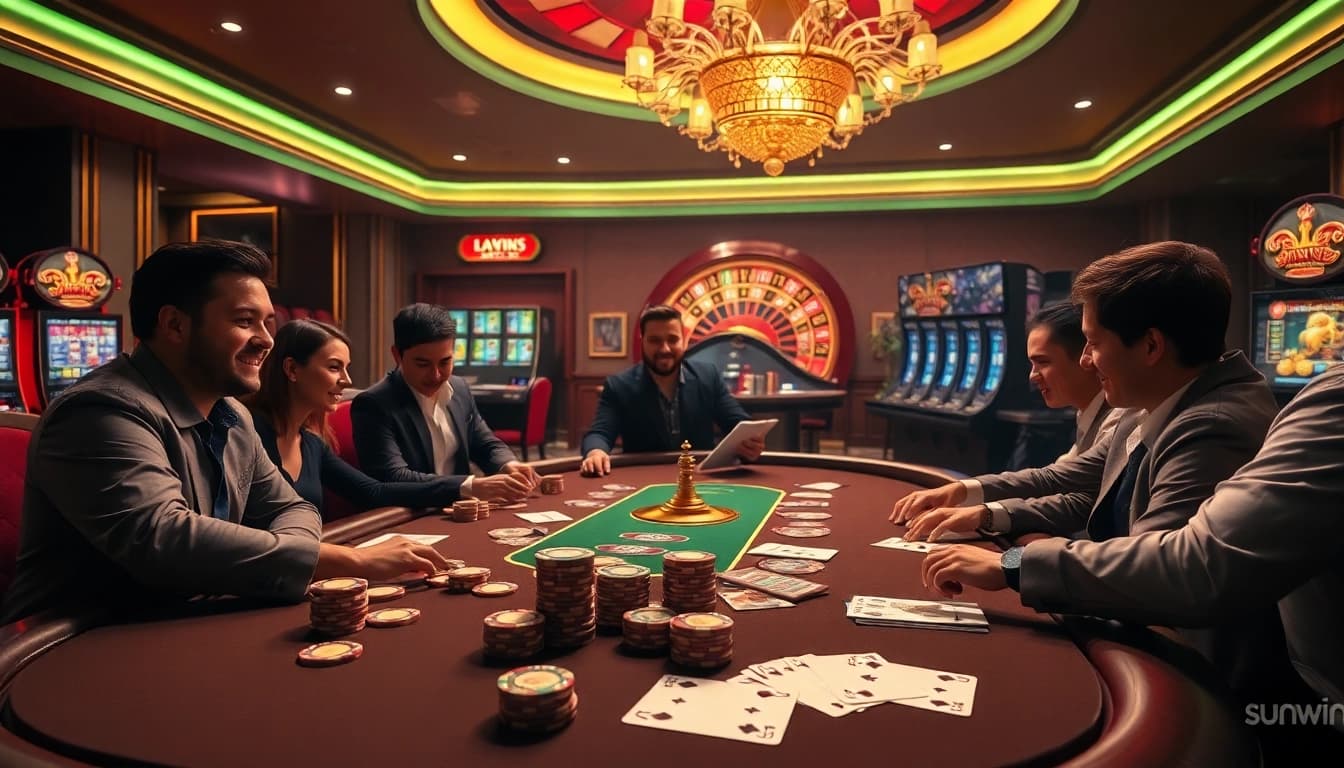Players strategizing at a poker table in a luxurious casino, embracing the sunwin experience.