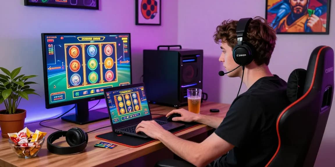 Engaging scene of a player enjoying credit card casinos UK experience at home with colorful game displays and gaming setup.