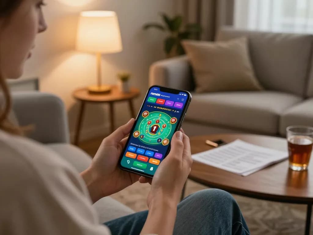 Person enjoying link mm88 on a smartphone in a cozy living room, highlighting mobile gambling excitement.