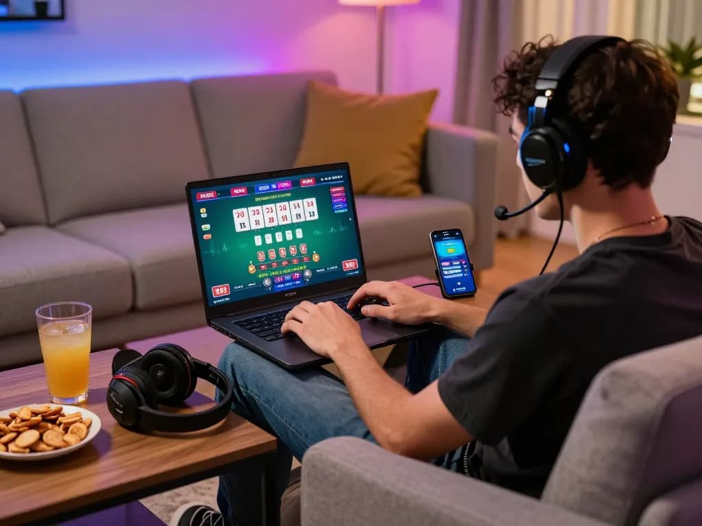 Player enjoying live baccarat on a laptop in a cozy gaming space, showcasing the excitement of 바카라사이트.