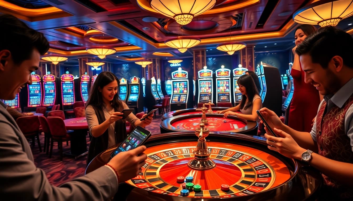 Players enjoying the exciting okwin app on their devices in a luxurious casino environment.