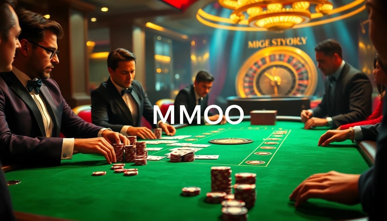 MMOO poker night with high-stakes players, vibrant chips, and an enticing roulette wheel.
