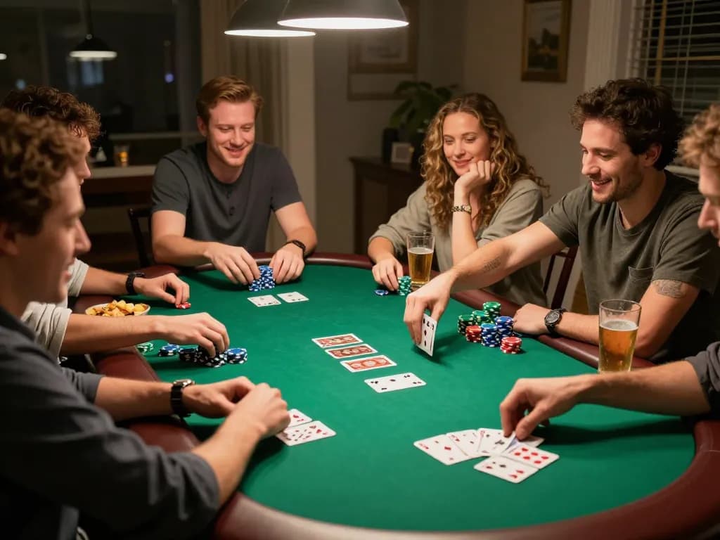 Soco live players enjoying a thrilling poker night, engaging strategically and socially around a felt table, creating excitement and camaraderie.