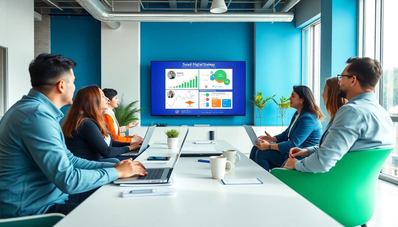 SEO Agency Clearwater team discussing digital strategies in a modern office.