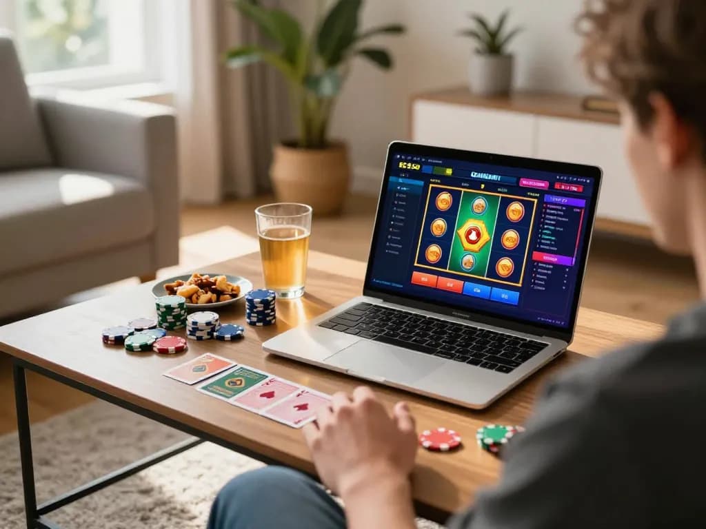Engaging in online slot games at home with 92slot gaming interface visible on screen