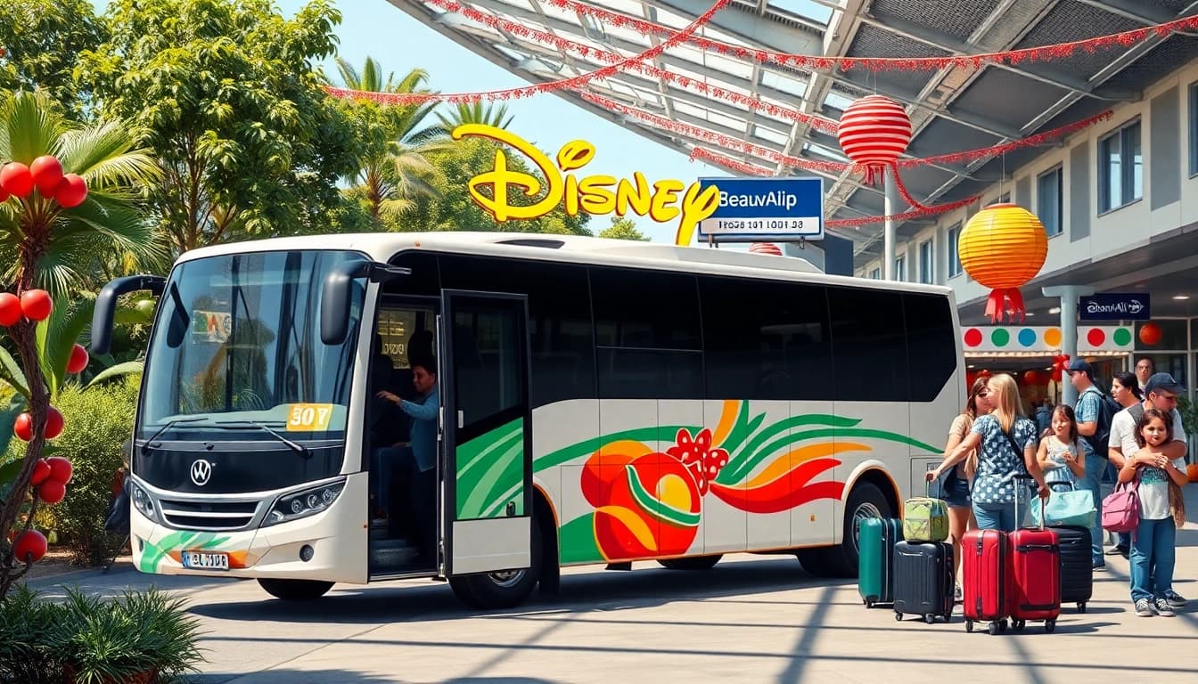 Booking a Beauvais Airport to Disney Transfer with a cheerful family next to a shuttle bus.