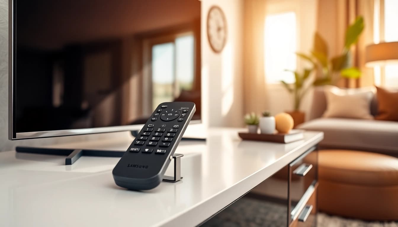 Steuer die Samsung Fernbedienung UE60 in einem stilvollen Wohnzimmer mit modernem Design.