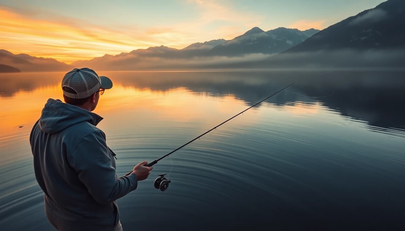 Showcasing the best fly fishing reels in use by an expert angler at a stunning lakeside at dawn.
