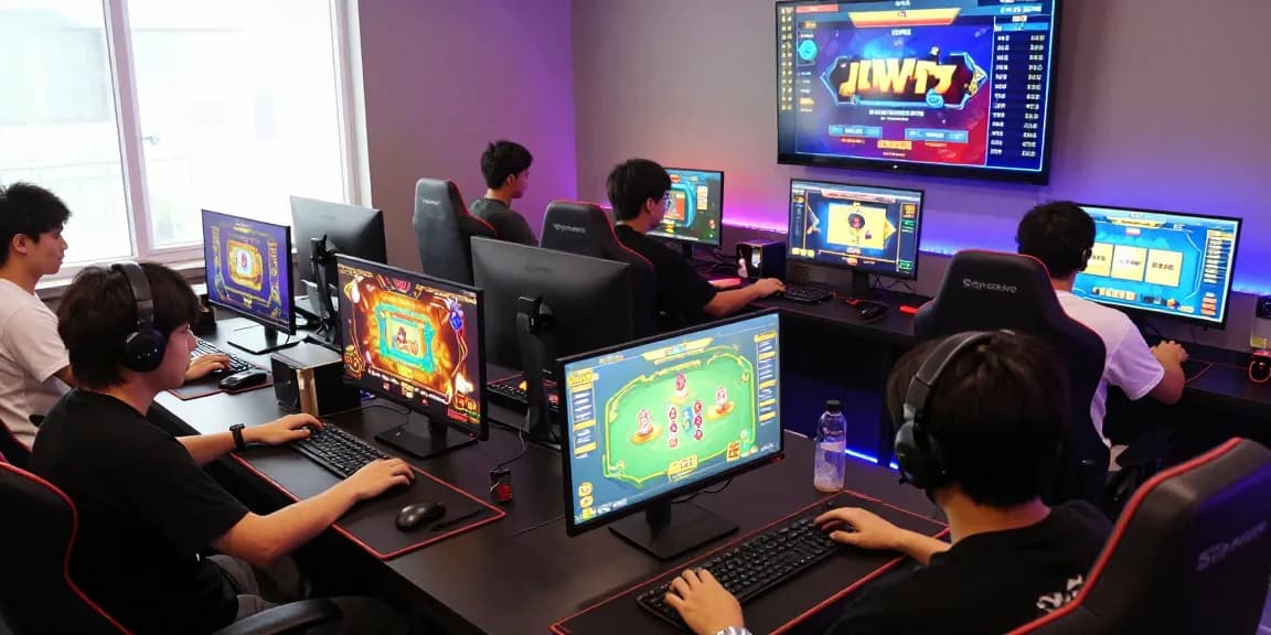 Excited players engaging in game bài đổi thưởng sessions with vibrant graphics on screens.