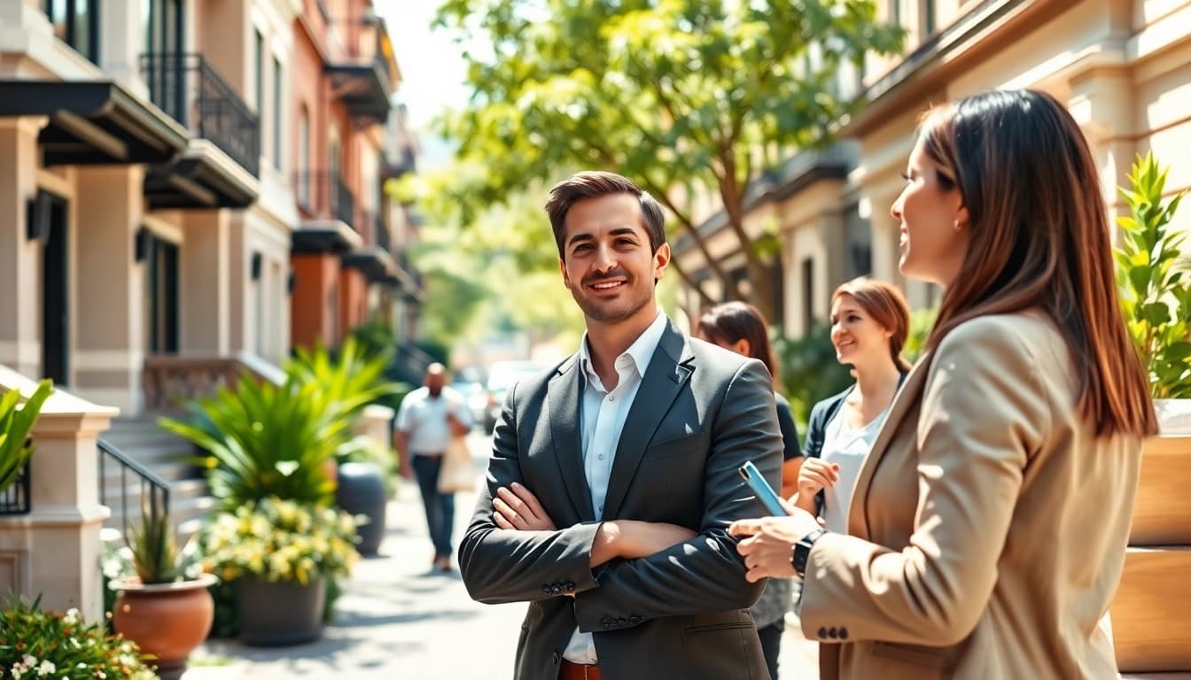 Real Estate agent showcasing luxury properties in a vibrant urban neighborhood.