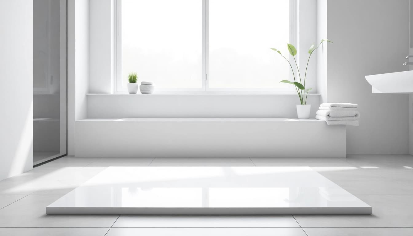 Show shower base featuring modern design and smooth finishes in a bright bathroom.