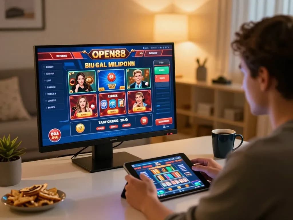 Engaged player enjoying open88 online casino games on tablet in a cozy setting