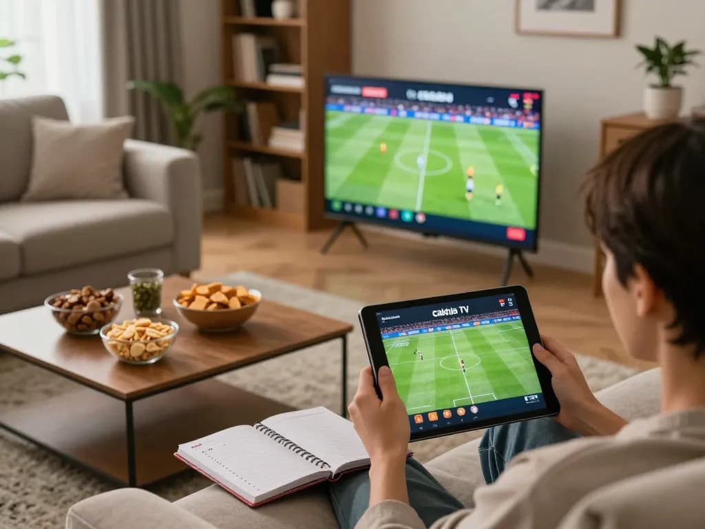Cakhia TV streaming live football in a cozy home setup, person engaged with football match on tablet.
