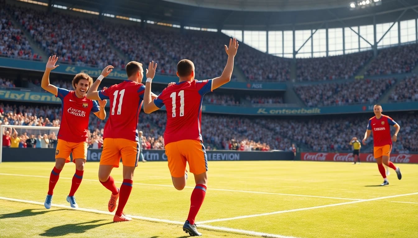 Soccer players celebrating in their vibrant team kit during a match, showcasing teamwork and spirit.