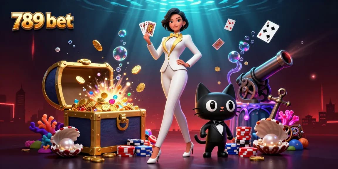 Engage in thrilling 789 bet casino games with style, featuring a glamorous dealer and playful elements.