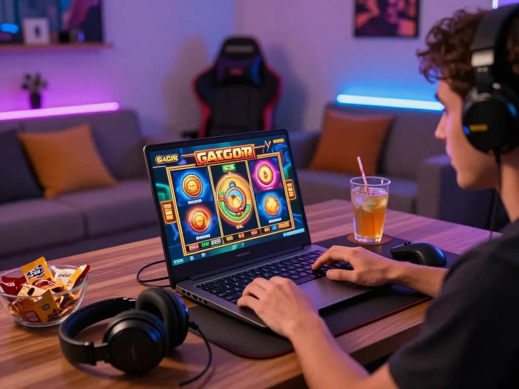Excited player engaging with slot gacor games on a laptop in a cozy gaming setup.