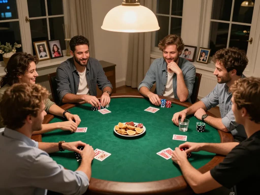 Players enjoying an engaging poker game at home, showcasing uu88's friendly competition atmosphere.