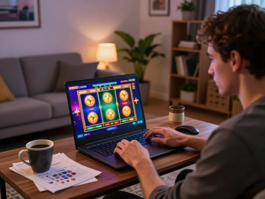 Player engaging with sites not on gamstop in a cozy home casino setup, laptop displaying vibrant game interface.