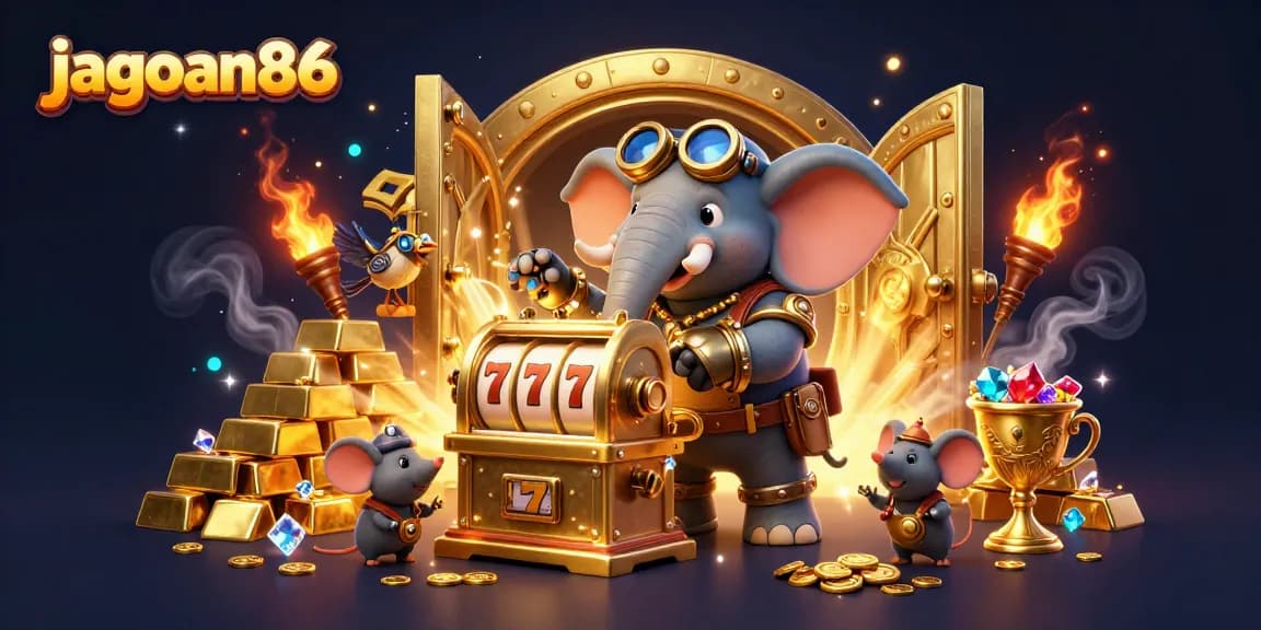 Spin the golden slot machine with jagoan86 for epic wins in this vibrant casino scene.