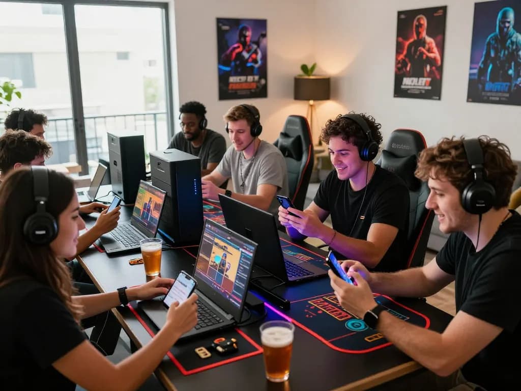 Exciting online gaming experience on https://sc881.com/ with friends enjoying diverse gambling activities in a vibrant living room.