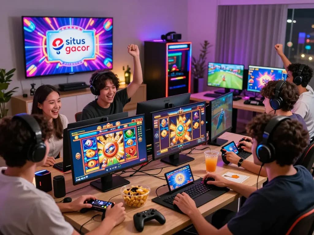 Pemain menikmati permainan slot situs gacor dengan grafik cerah dalam suasana rumah yang hidup.