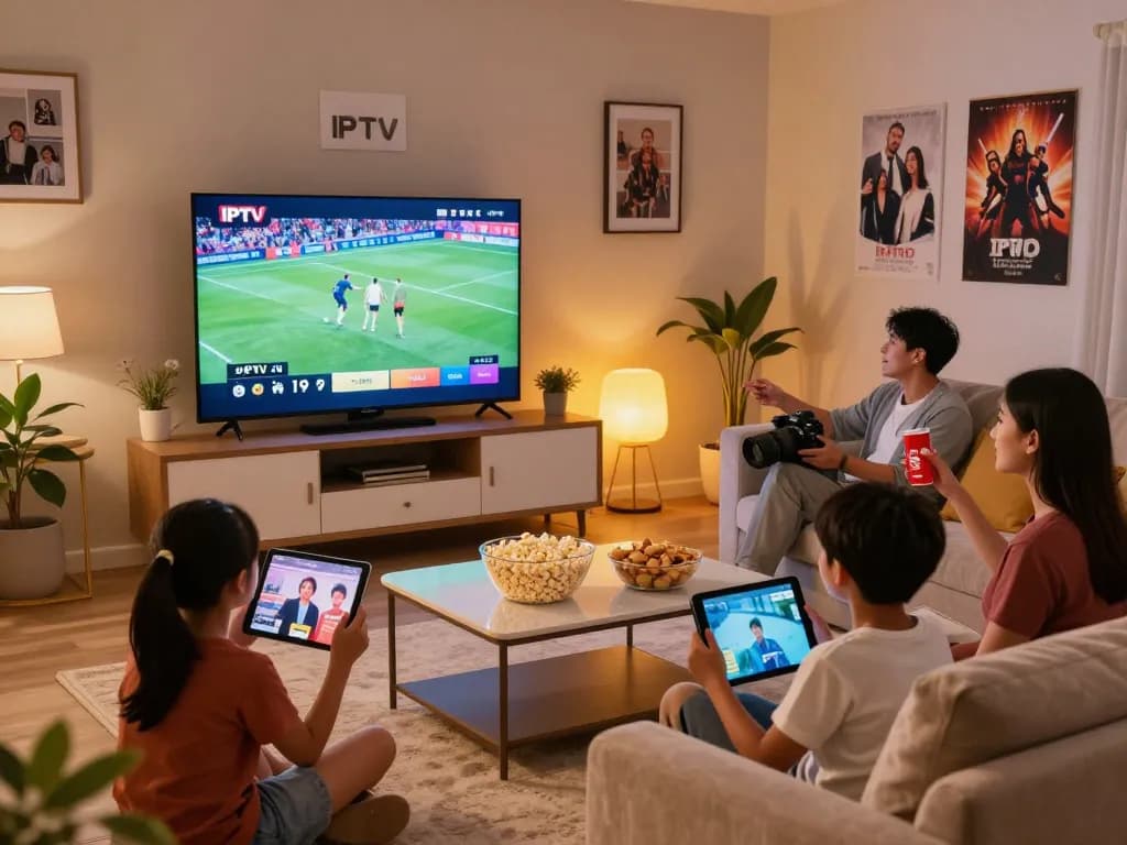 Gezin geniet van IPTV TV filmavond met groot scherm en gezellige sfeer.