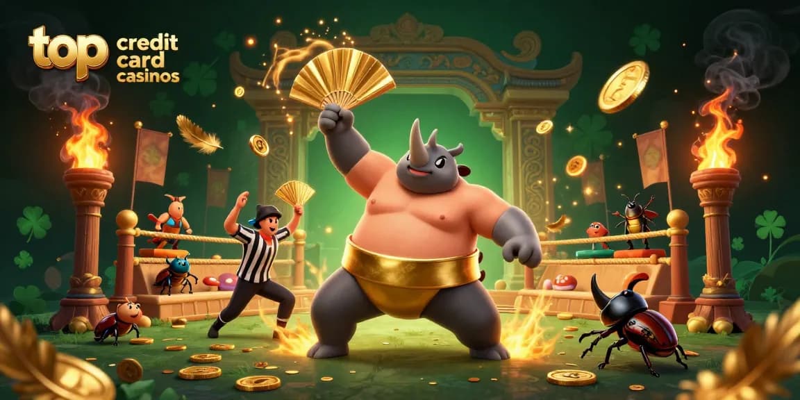 Top credit card casinos showcased with a dynamic scene of a sumo champion beetle amidst casino elements.