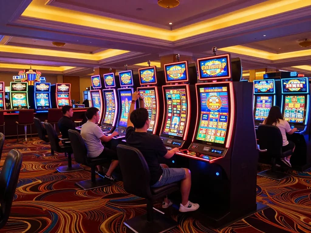 Player celebrating a win on a slot gacor machine in a vibrant casino.