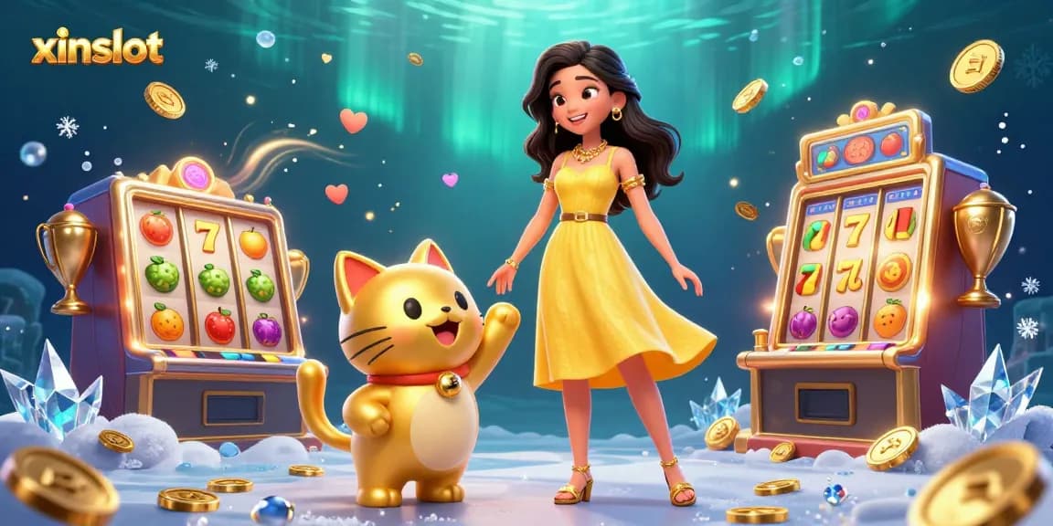 Experience the excitement of xinslot with a cheerful Asian woman interacting with a lucky cat amidst golden coins and vibrant slot elements.