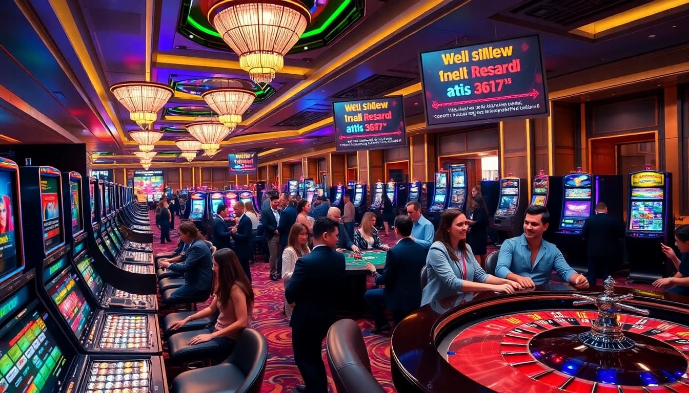 Exciting gambling scene at https://www.superslot365.net/ with players enjoying slot machines and table games.
