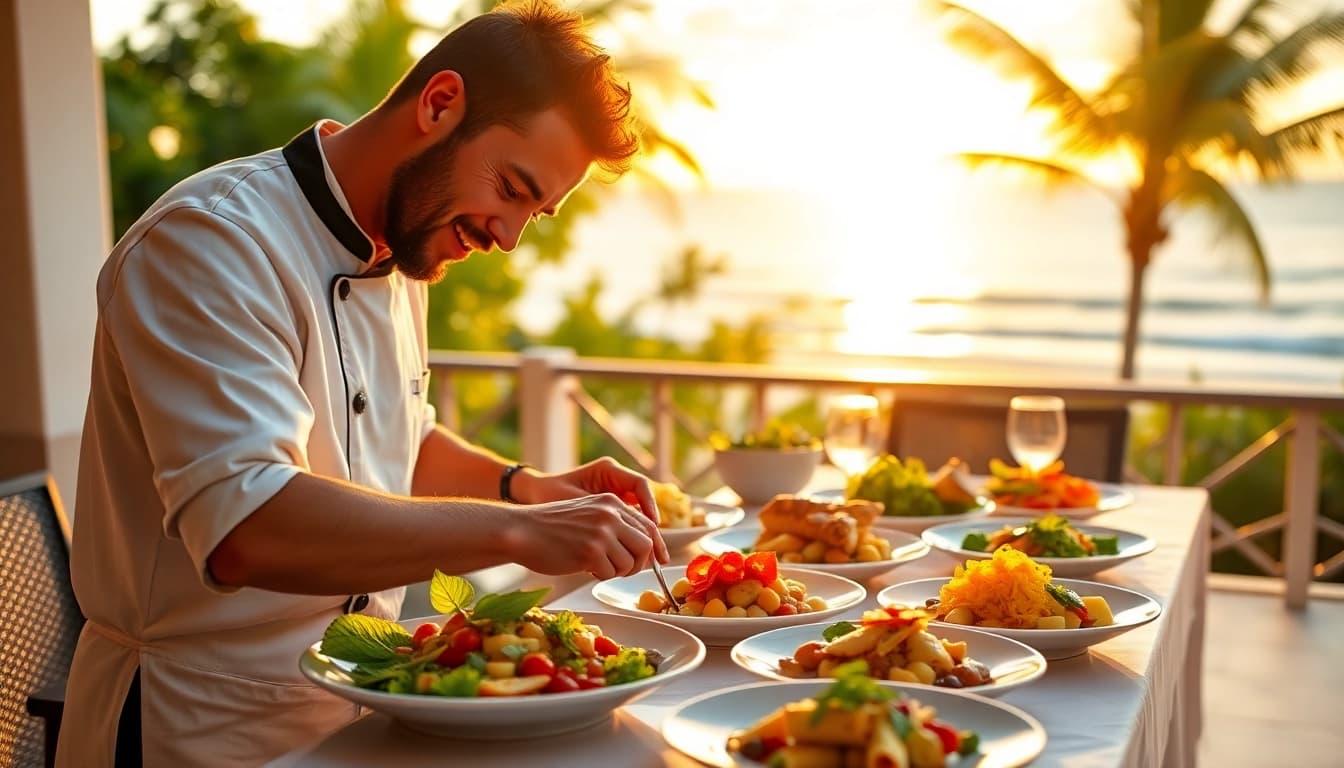 Sint Maarten private chef preparing exquisite dishes in a tropical villa setting.