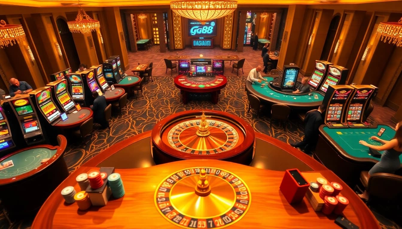 Gambling excitement at gg88 casino with vibrant slot machines and poker tables.