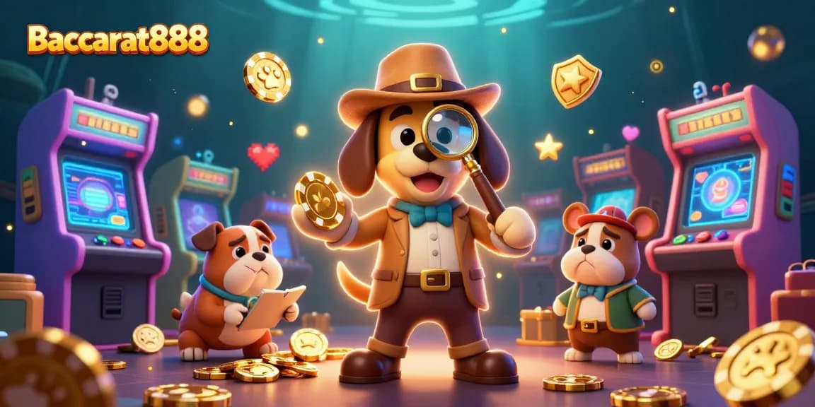 Baccarat888 showcases a cartoon scene with a detective bloodhound and a bulldog, highlighting poker chips and casino elements.