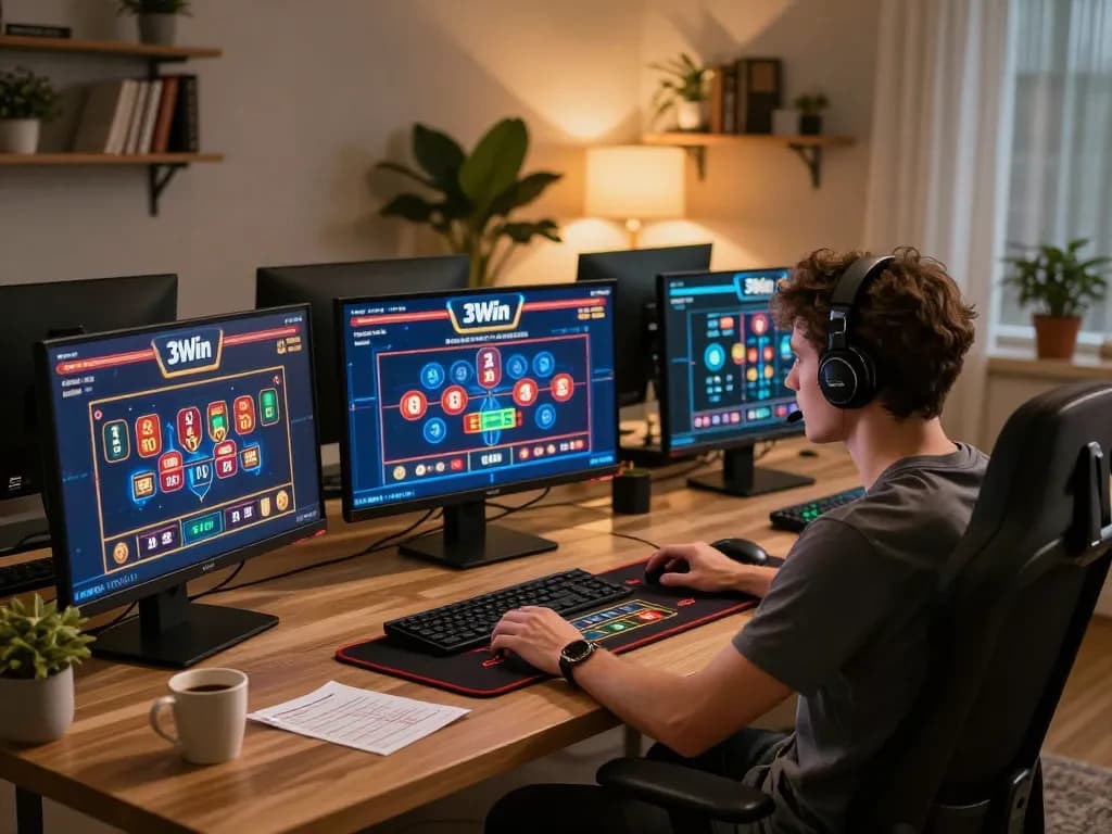 Engaged player strategizing with 3Win online casino games on multiple screens in a stylish home office.