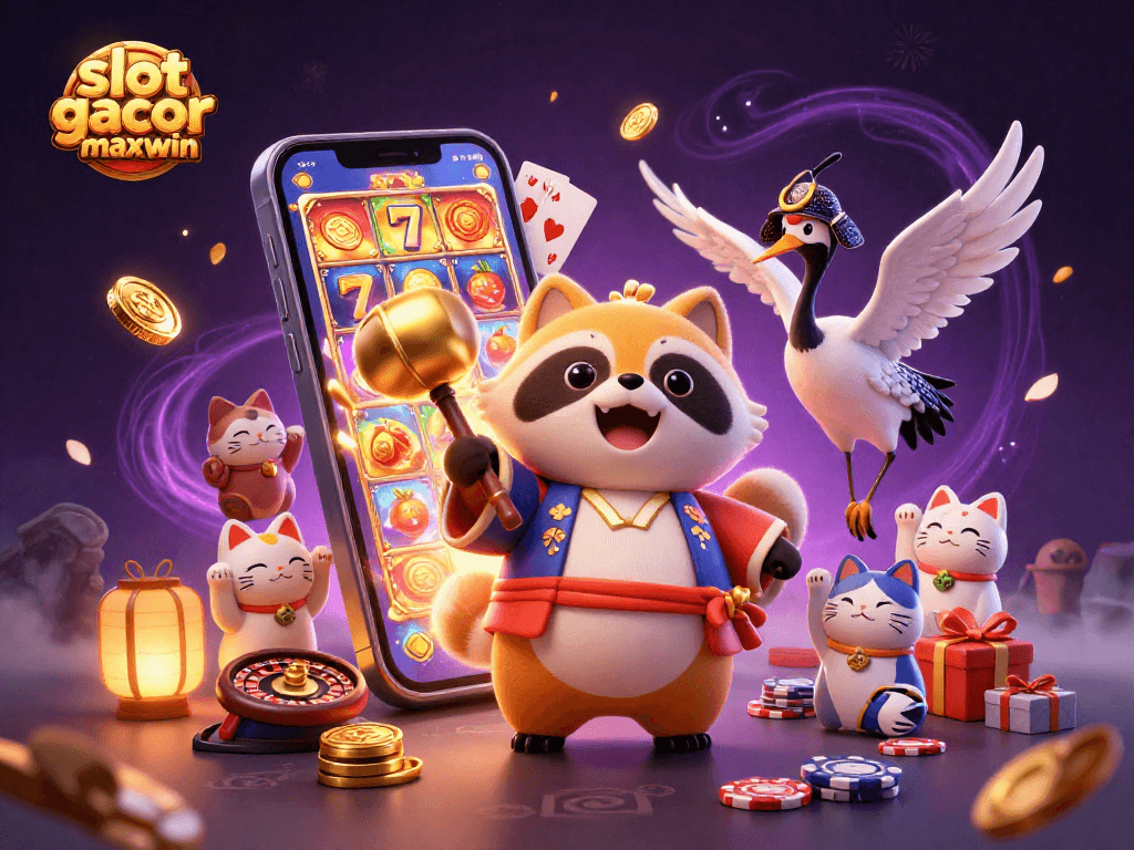 Experience thrilling wins with slot gacor maxwin in this vibrant casino scene featuring festive characters.