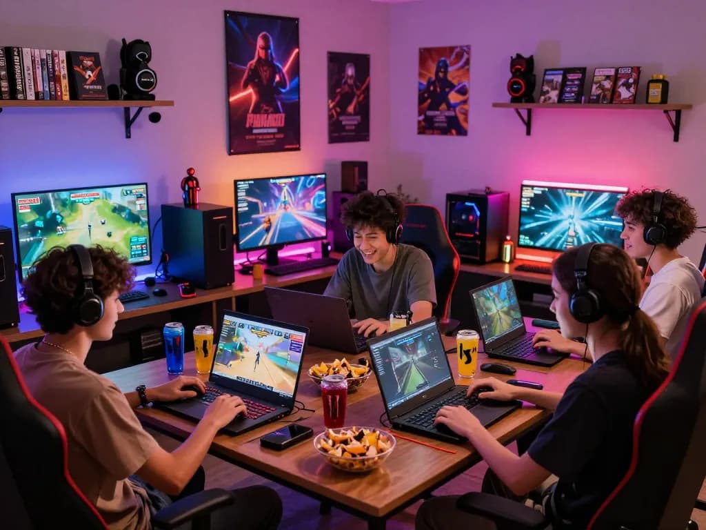 Engaging scene of friends enjoying autowin88 gaming experience in a colorful online gaming room with dynamic graphics.