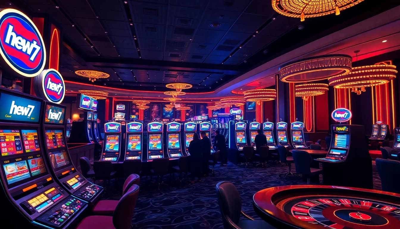 Players enjoying the thrilling experience at new77 slot machines in a vibrant casino atmosphere.